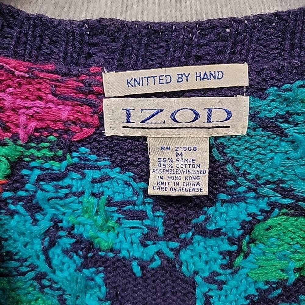 Vintage Izod Sweater Women M Floral Cardigan Hand Knit Cotton Blend Vibrant Rare - Picture 3 of 16